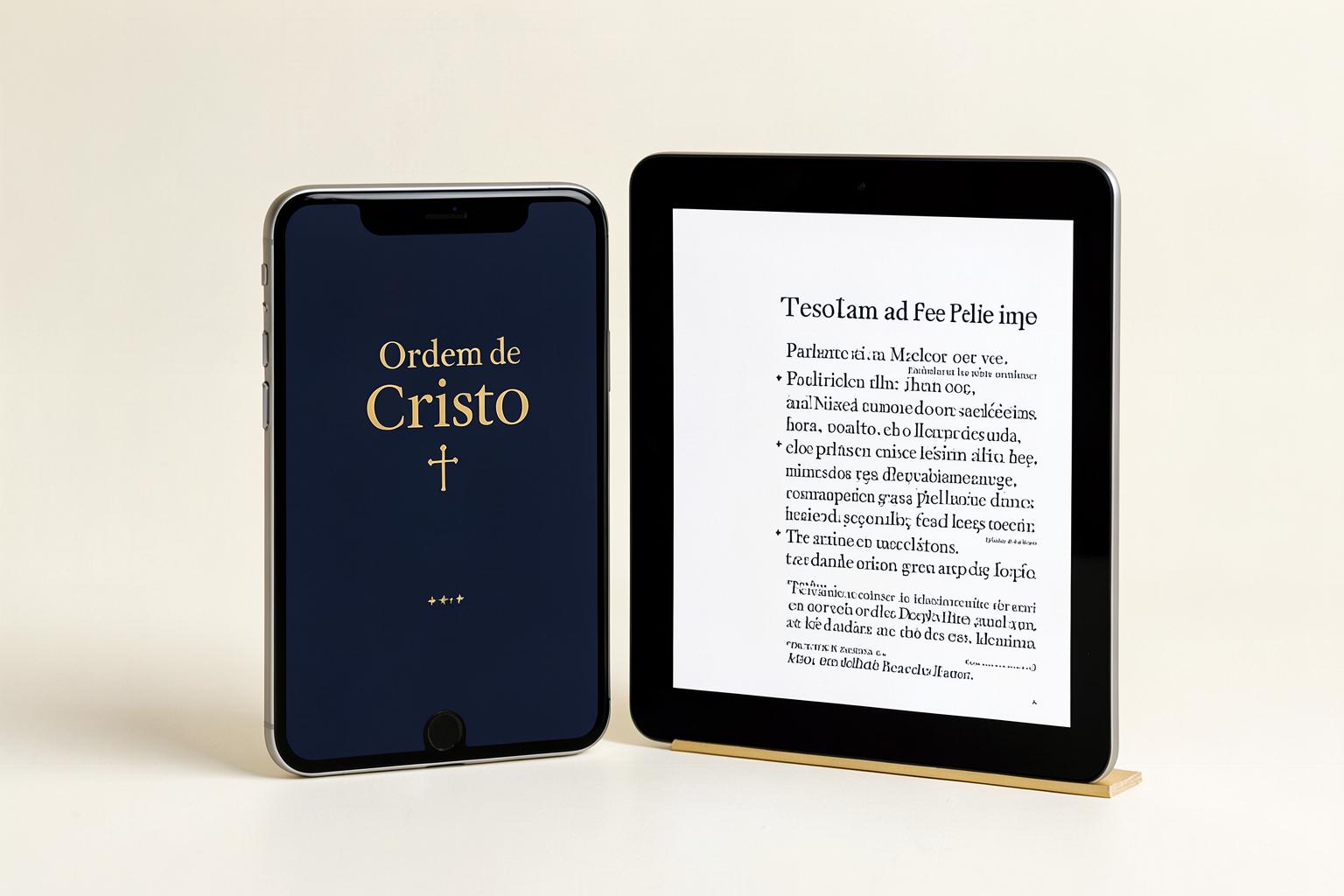 Devocional Ordem de Cristo aberto em um celular e em um tablet, com letra grande e fácil de ler